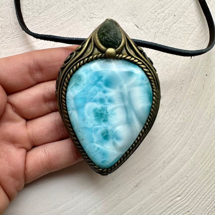 Large Larimar and Moldavite Pendant Necklace, Healing Crystal Jewelry FairyGardenGlow