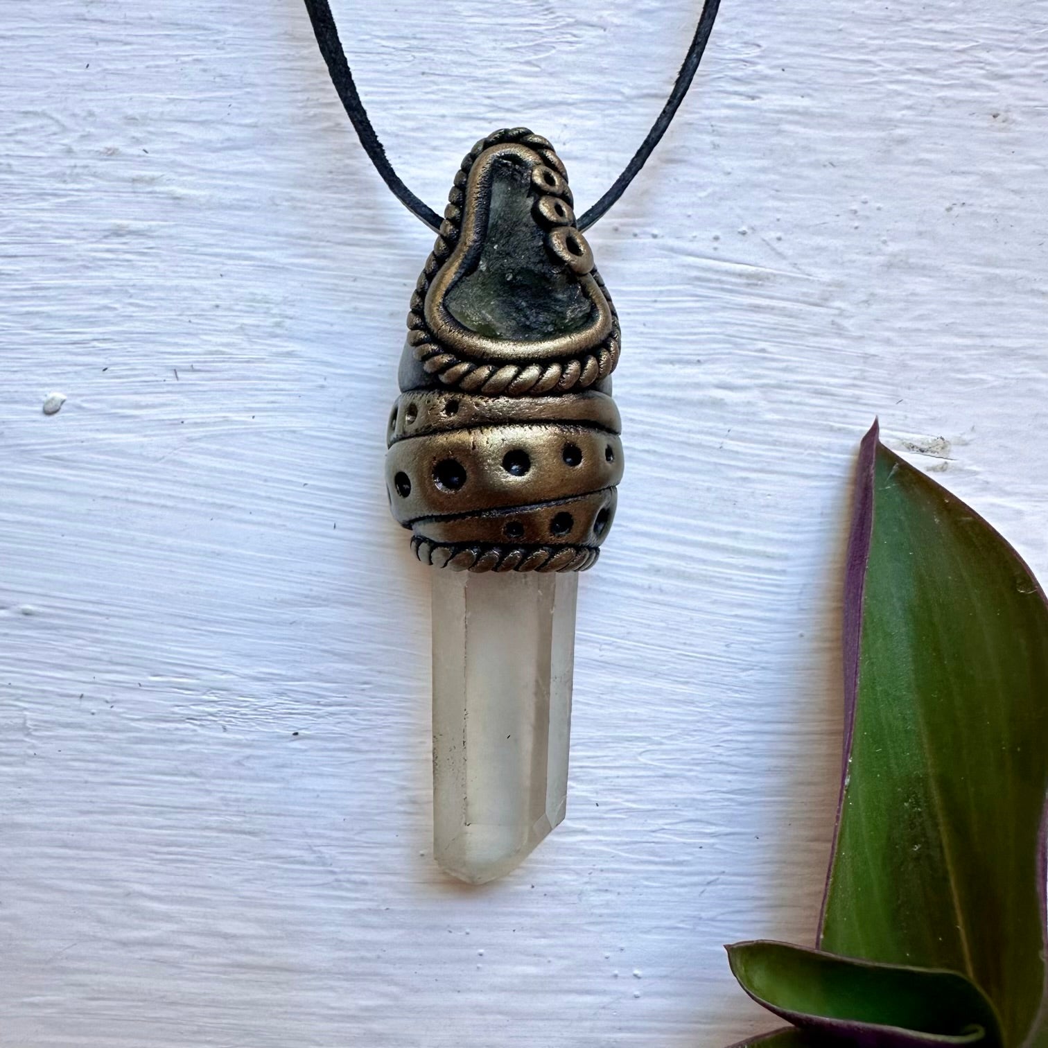 Lemurian Seed Quartz and Moldavite Necklace, Healing Crystal Jewelry