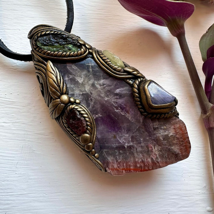 Super Seven Quartz Moldavite Tanzanite Red Garnet and Brazilianite Wand / Pendant - FairyGardenGlow
