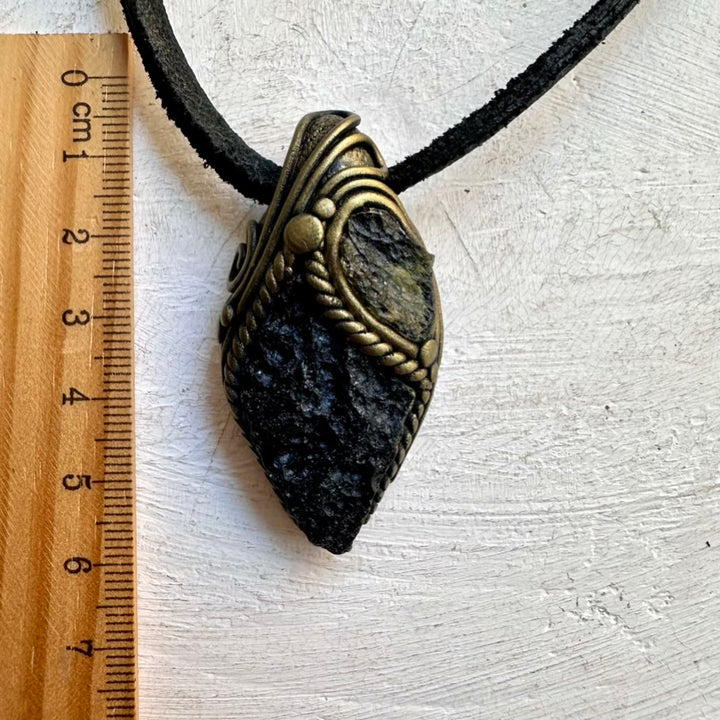 Boho Healing Necklace with Moldavite and Tektite Stones – Handmade Clay Jewelry for Transformation
