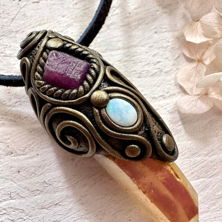 Sunset Aura Quartz Ruby and Australian Opal Necklace - FairyGardenGlow