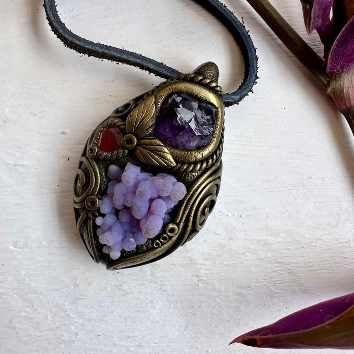 Grape Chalcedony Amethyst and Red Garnet Pendant Necklace - FairyGardenGlow