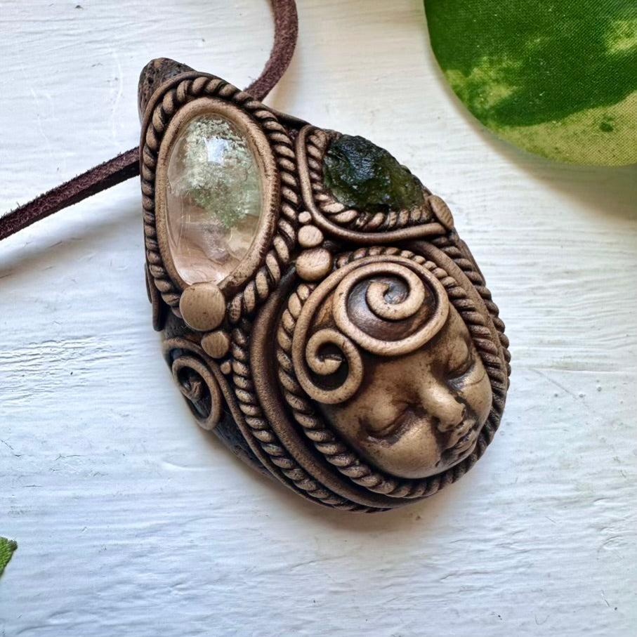 Chlorite Quartz and Moldavite Goddess Necklace - FairyGardenGlow