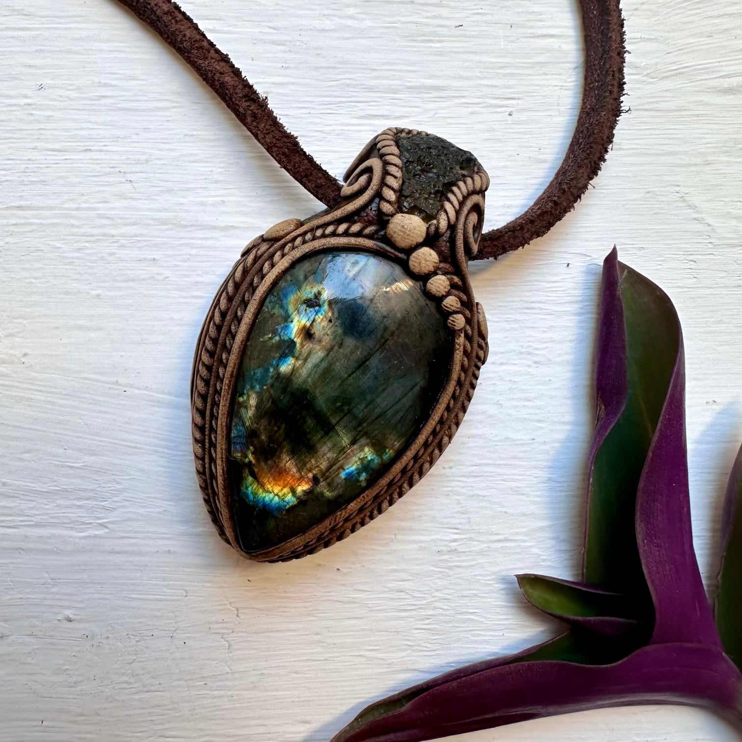 Labradorite and Moldavite Pendant Necklace, Handmade One of a Kind Jewelry - FairyGardenGlow