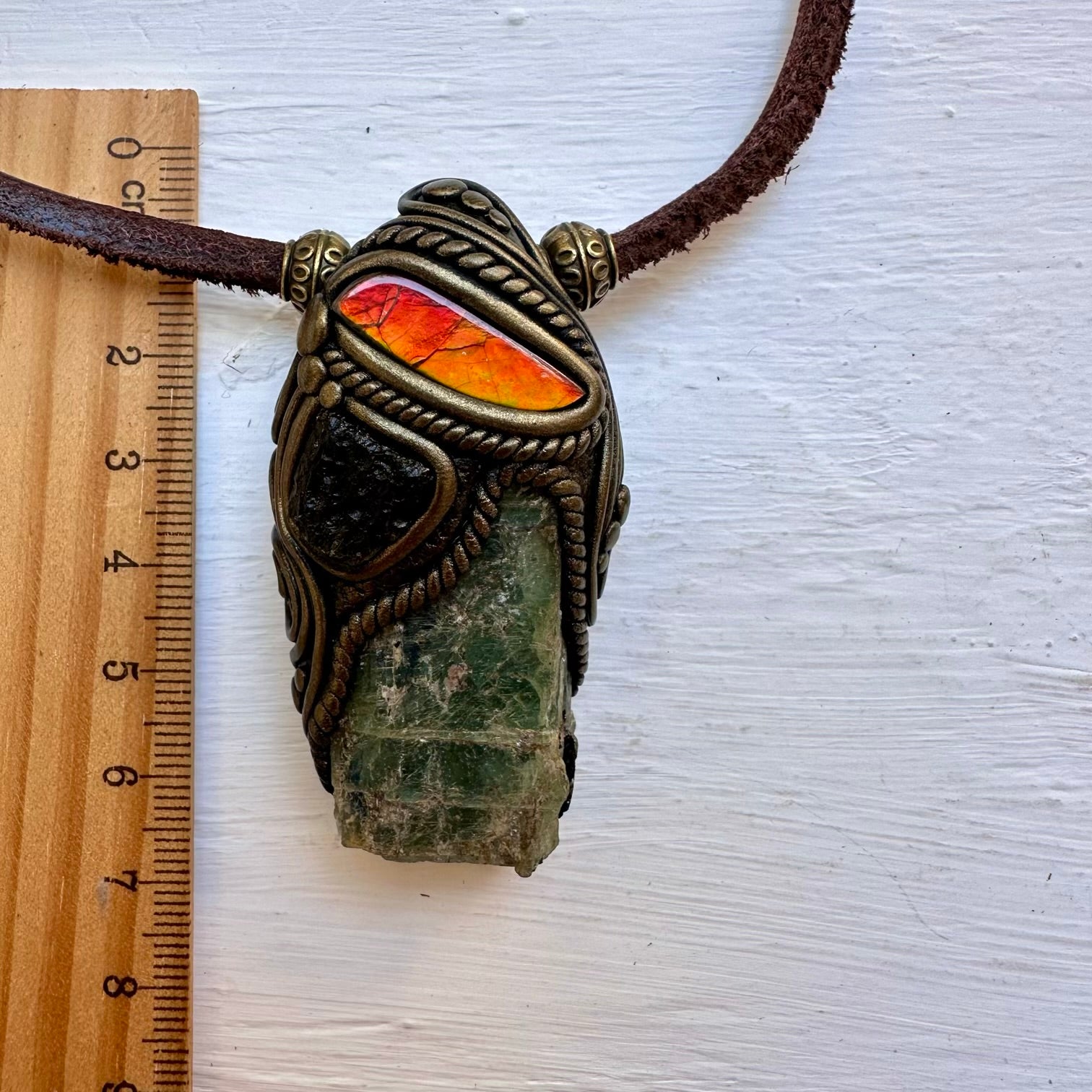 Green Kyanite Ammolite and Moldavite Pendant Necklace - FairyGardenGlow
