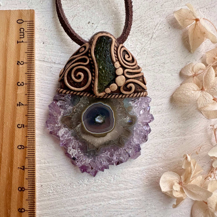 Amethyst Stalactite and Moldavite Pendant Necklace - FairyGardenGlow