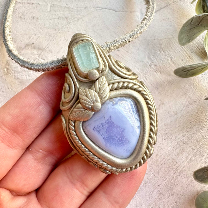 Spiritual crystal jewelry handcrafted with Blue Chalcedony and Aquamarine gemstones.
