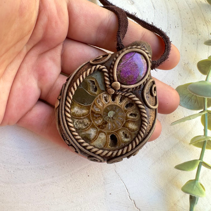 Artisan fossil jewelry with ammonite and stichtite stones