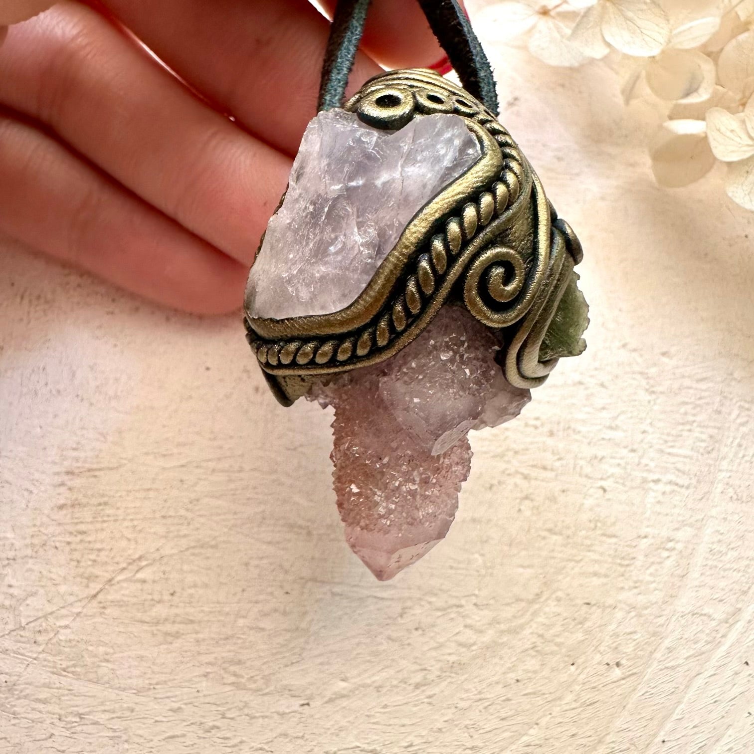 Spirit Quartz Raw Rose Quartz and Moldavite Pendant, Raw Crystal Necklace - FairyGardenGlow