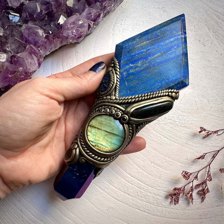 Lapis Lazuli Cobalt Aura Quartz Labradorite Black Tourmaline Azurite Black Onyx and Blue Sapphire Wand - FairyGardenGlow