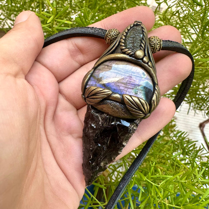 Black Obsidian Arrowhead Moldavite and Labradorite Pendant Necklace - FairyGardenGlow