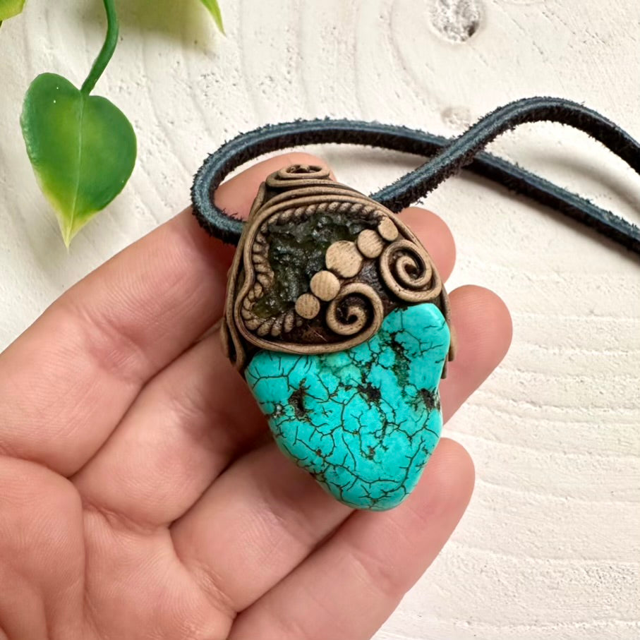 Turquoise and Moldavite Pendant Necklace, Unisex Jewelry