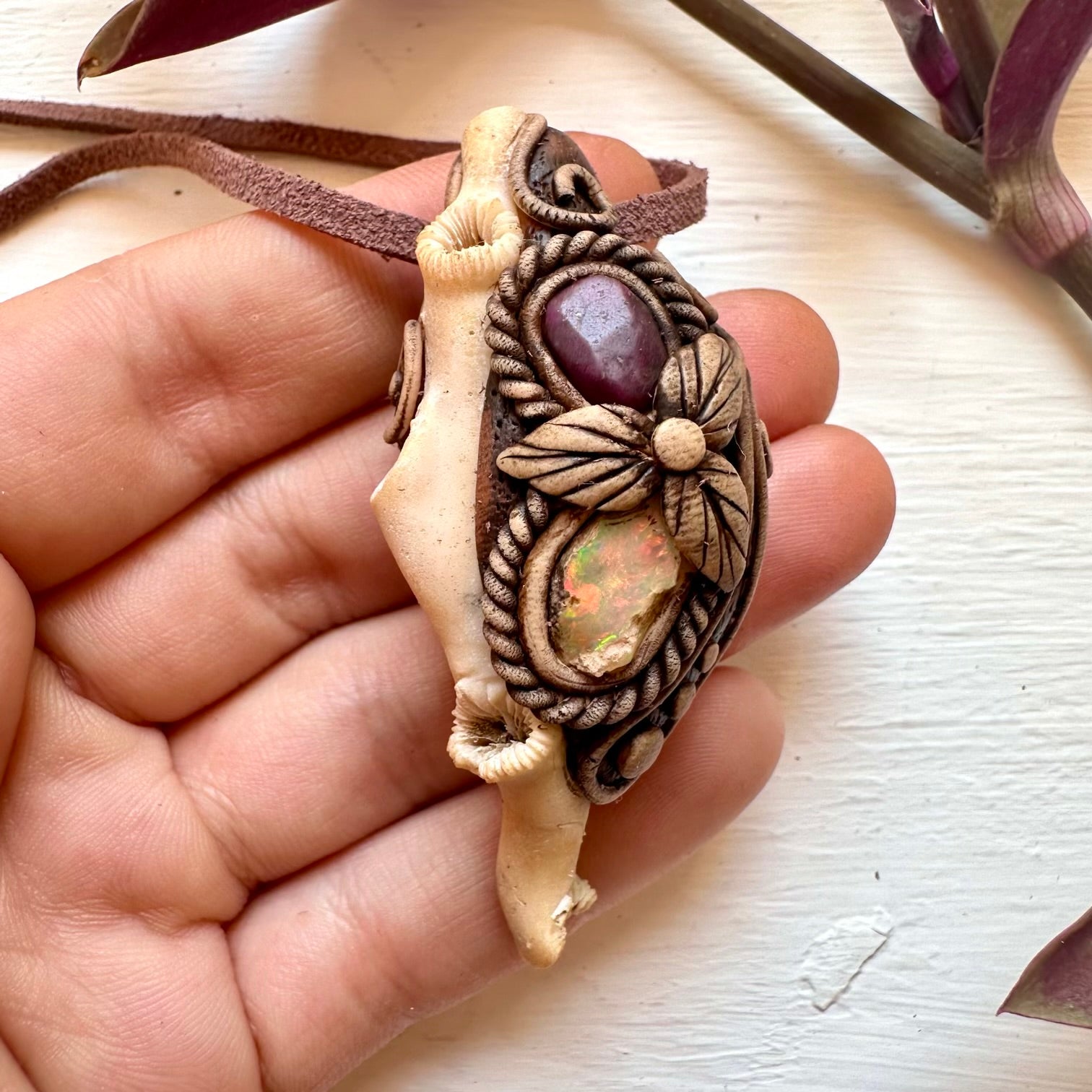 White Coral Ruby and Opal Necklace - FairyGardenGlow