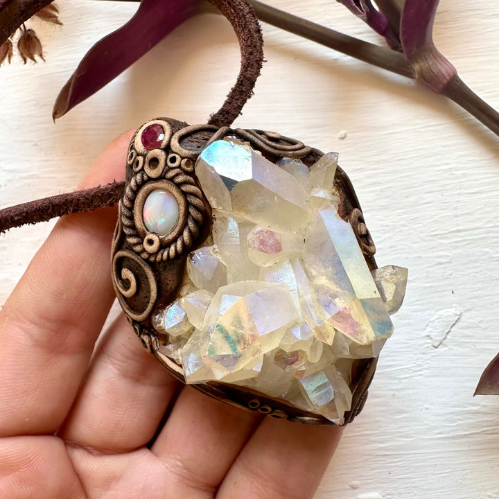 Angel Aura Quartz Cluster Australian Opal and Ruby Pendant Necklace - FairyGardenGlow