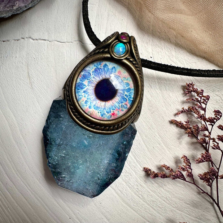 Aqua Aura Faden Quartz Australian Opal and Ruby Eye Wand / Pendant - FairyGardenGlow