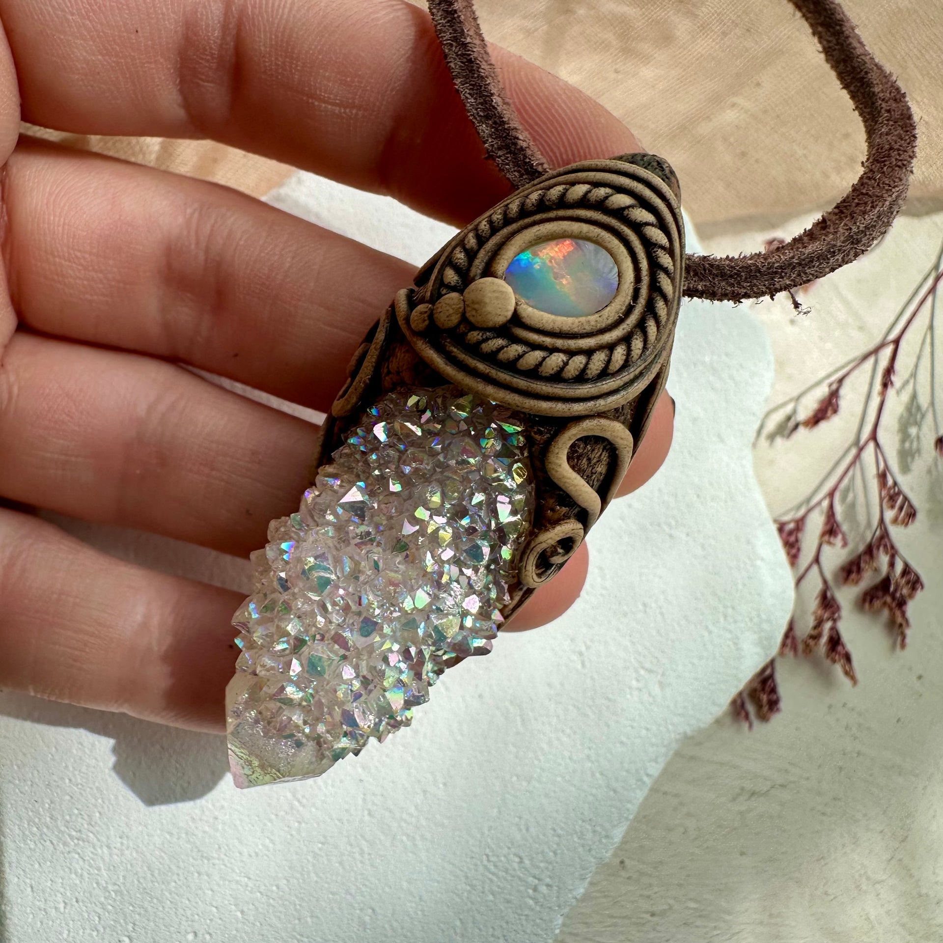 Angel Aura Spirit Quartz and Australian Opal Necklace