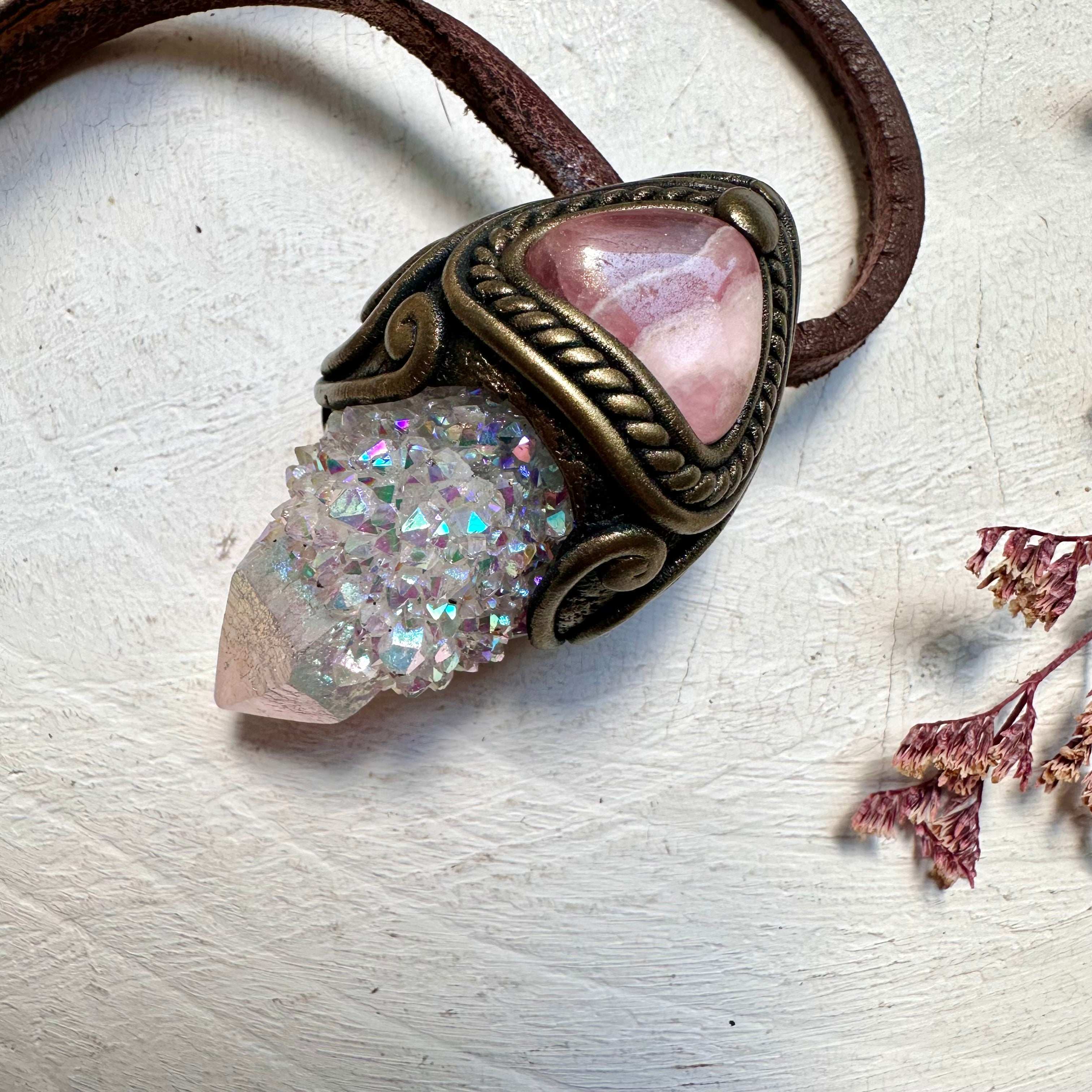 Angel Aura Spirit Quartz and Rhodochrosite Crystal Necklace - FairyGardenGlow