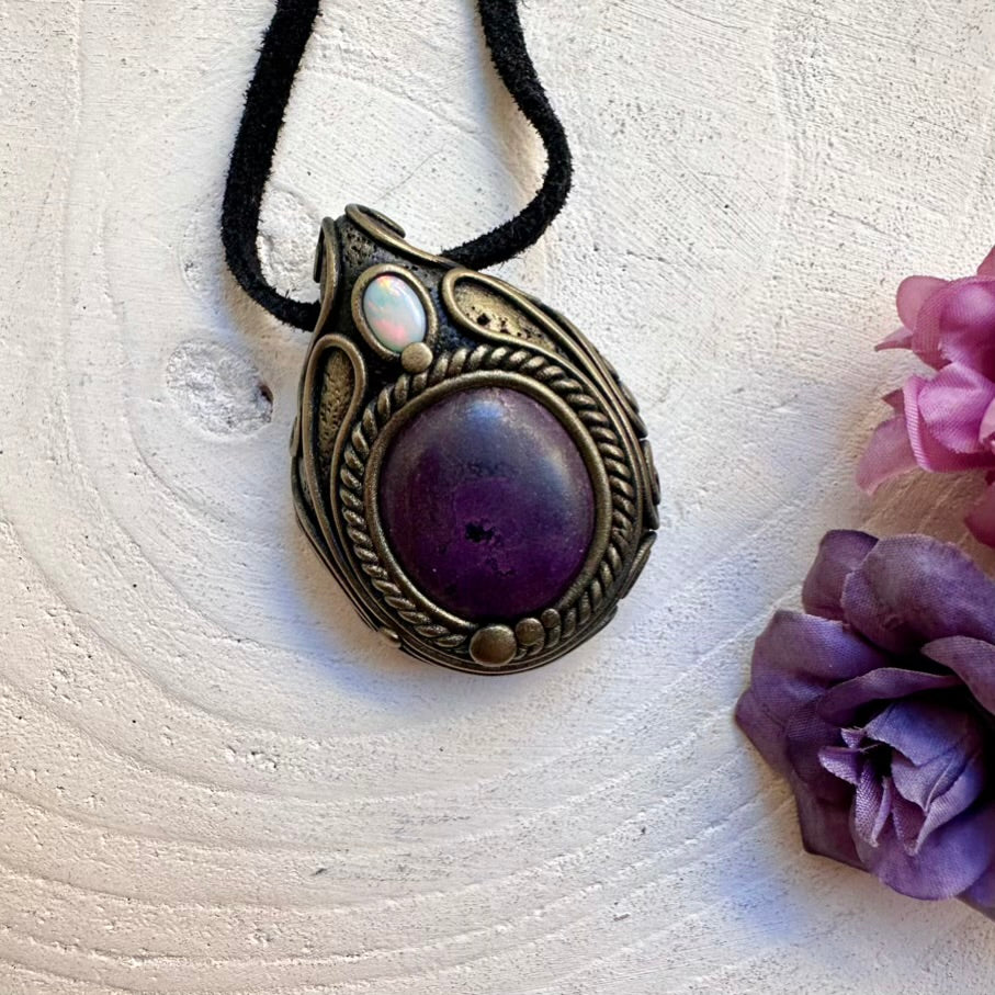 Healing crystal amulet necklace featuring ethically sourced Purpurite gemstone and Australian Opal pendant, handcrafted with love.