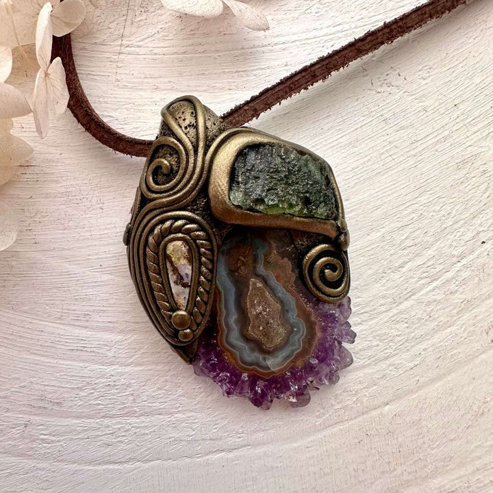 Amethyst Stalactite Moldavite and Boulder Opal Pendant, Handmade Crystal Necklace - FairyGardenGlow