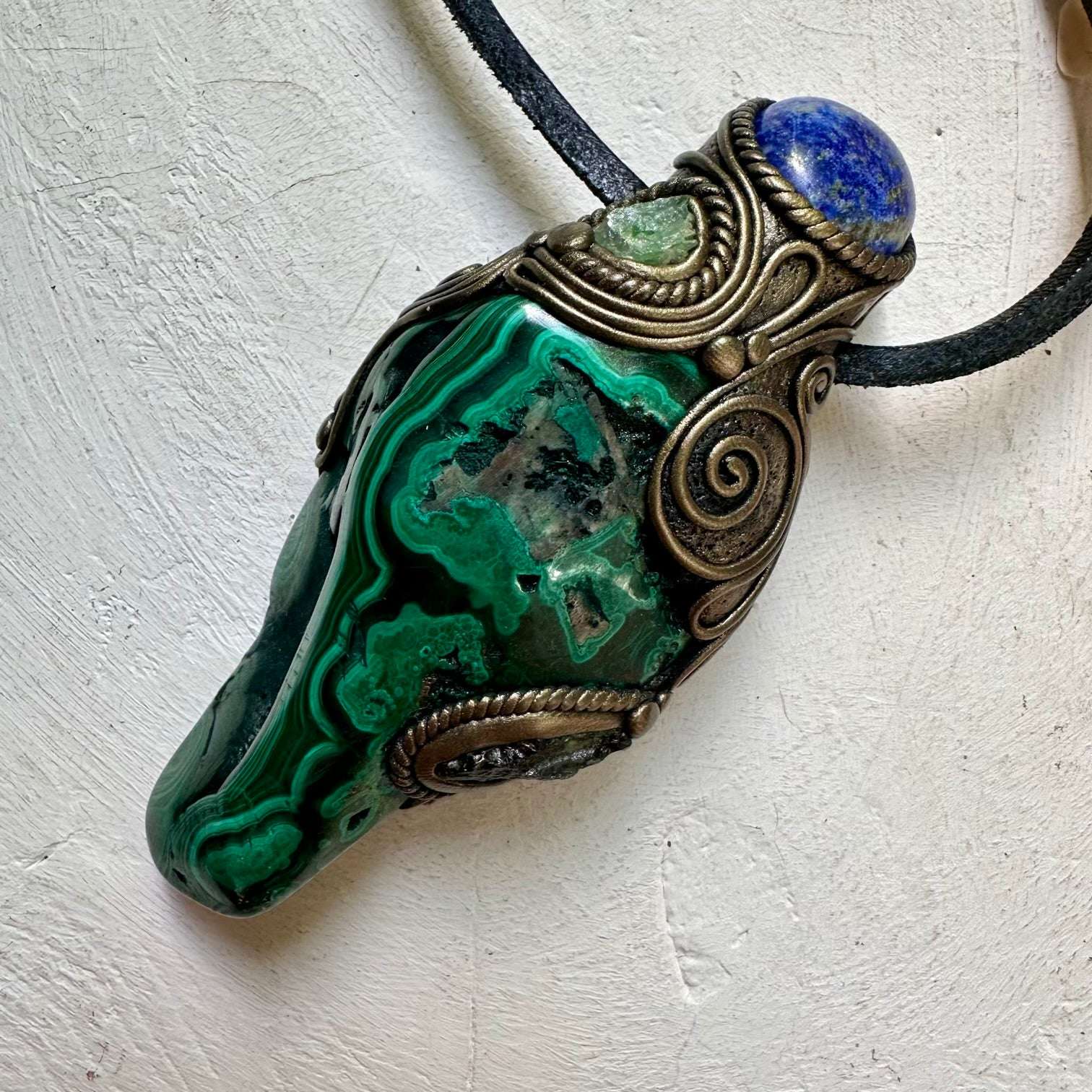 Malachite with Lapis Lazuli Moldavite and Tsavorite Wand / Pendant - FairyGardenGlow