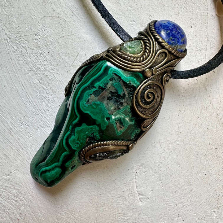 Malachite with Lapis Lazuli Moldavite and Tsavorite Wand / Pendant - FairyGardenGlow