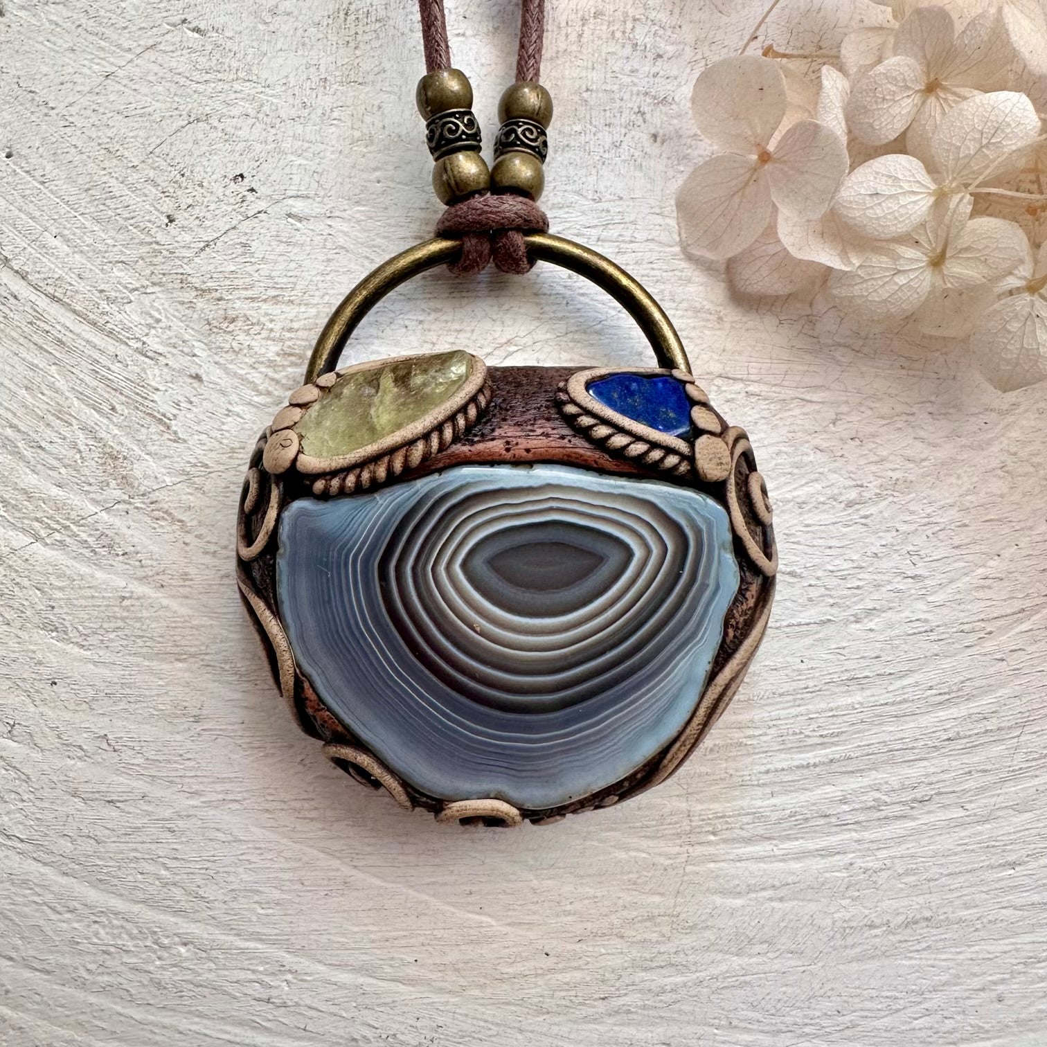 Botswana Agate Brazilianite and Lapis Lazuli Pendant Necklace - FairyGardenGlow