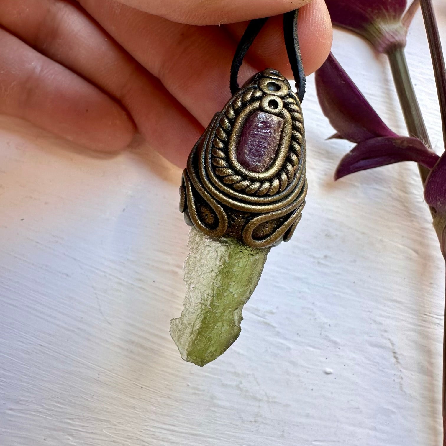 Moldavite and Ruby Necklace - FairyGardenGlow