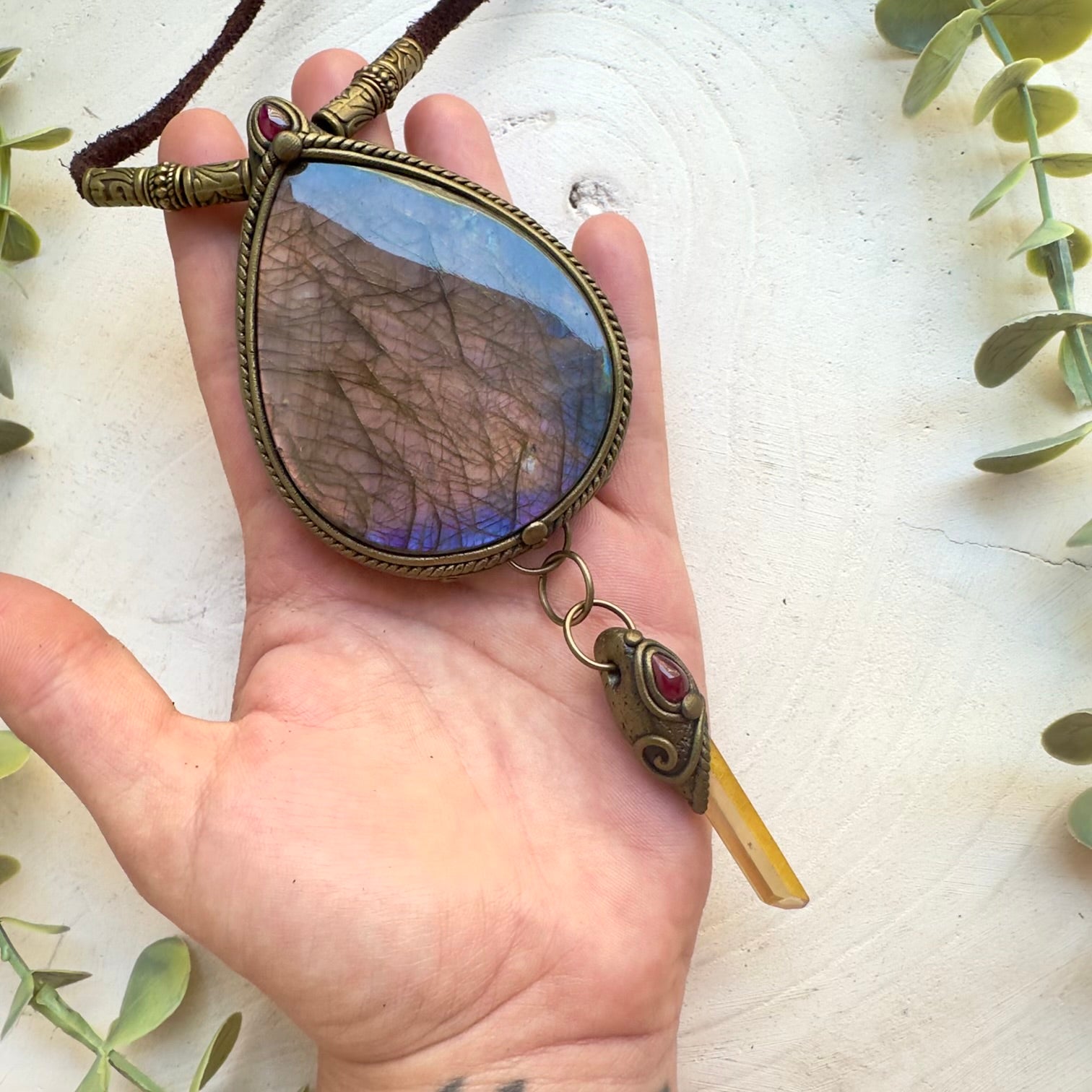 Spiritual gemstone necklace with Sunset Aura Quartz and Garnet accents
