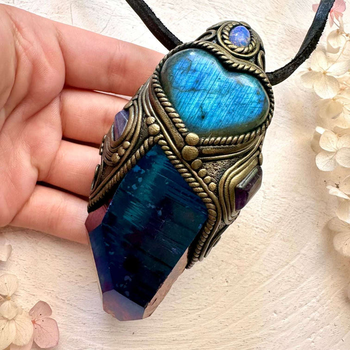 Cobalt Aura Quartz, Blue Labradorite Heart, Tanzanite, Amethyst and Australian Opal Crystal Wand / Unique Crystal Pendant - FairyGardenGlow