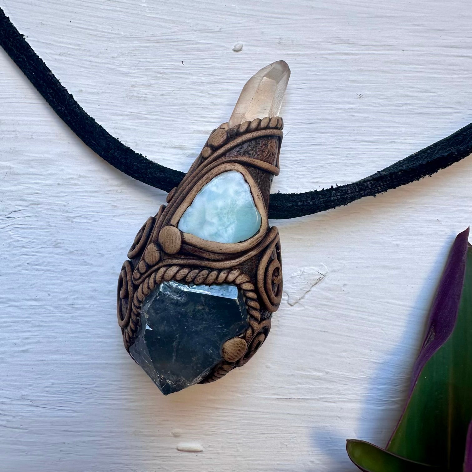 Celestite Clear Quartz and Larimar Necklace, Handmade Crystal Pendant - FairyGardenGlow