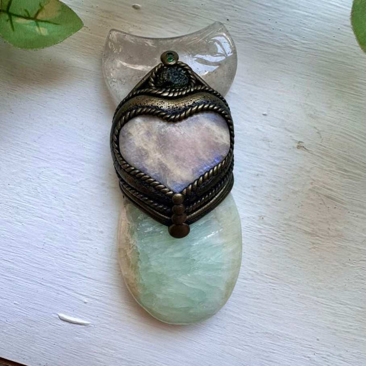 Handmade Crystal Wand with Pistachio Calcite Clear Quartz Moon Moldavite Moonstone Heart and Emerald - FairyGardenGlow