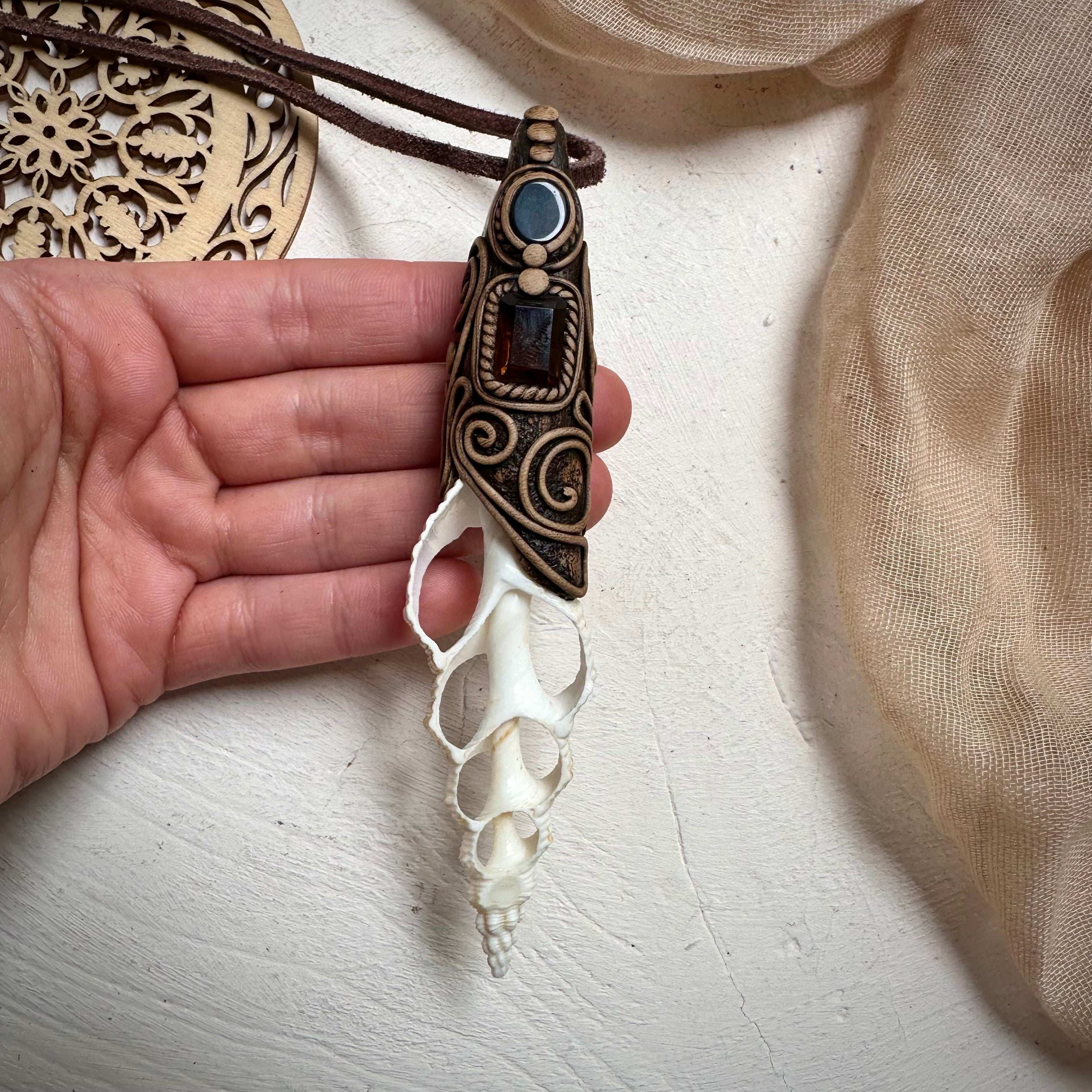 Smoky Citrine and Black Onyx Seashell Necklace - FairyGardenGlow