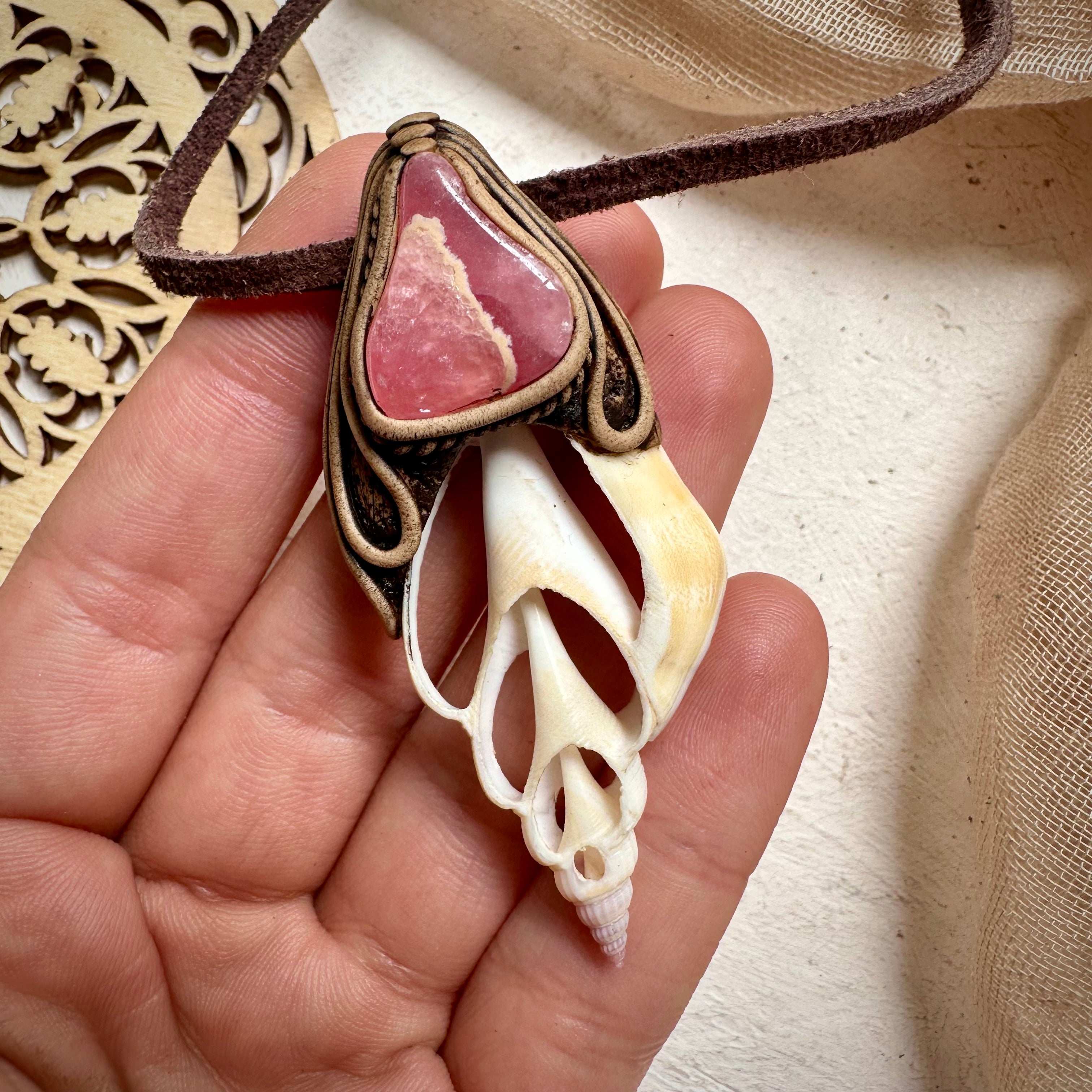 Seashell and Rhodochrosite Pendant - FairyGardenGlow