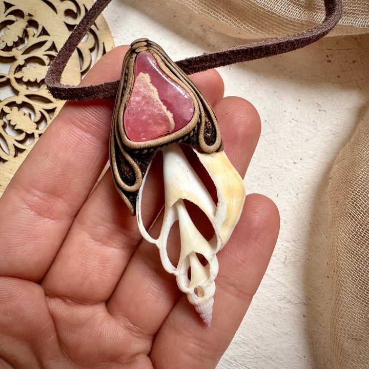 Seashell and Rhodochrosite Pendant - FairyGardenGlow