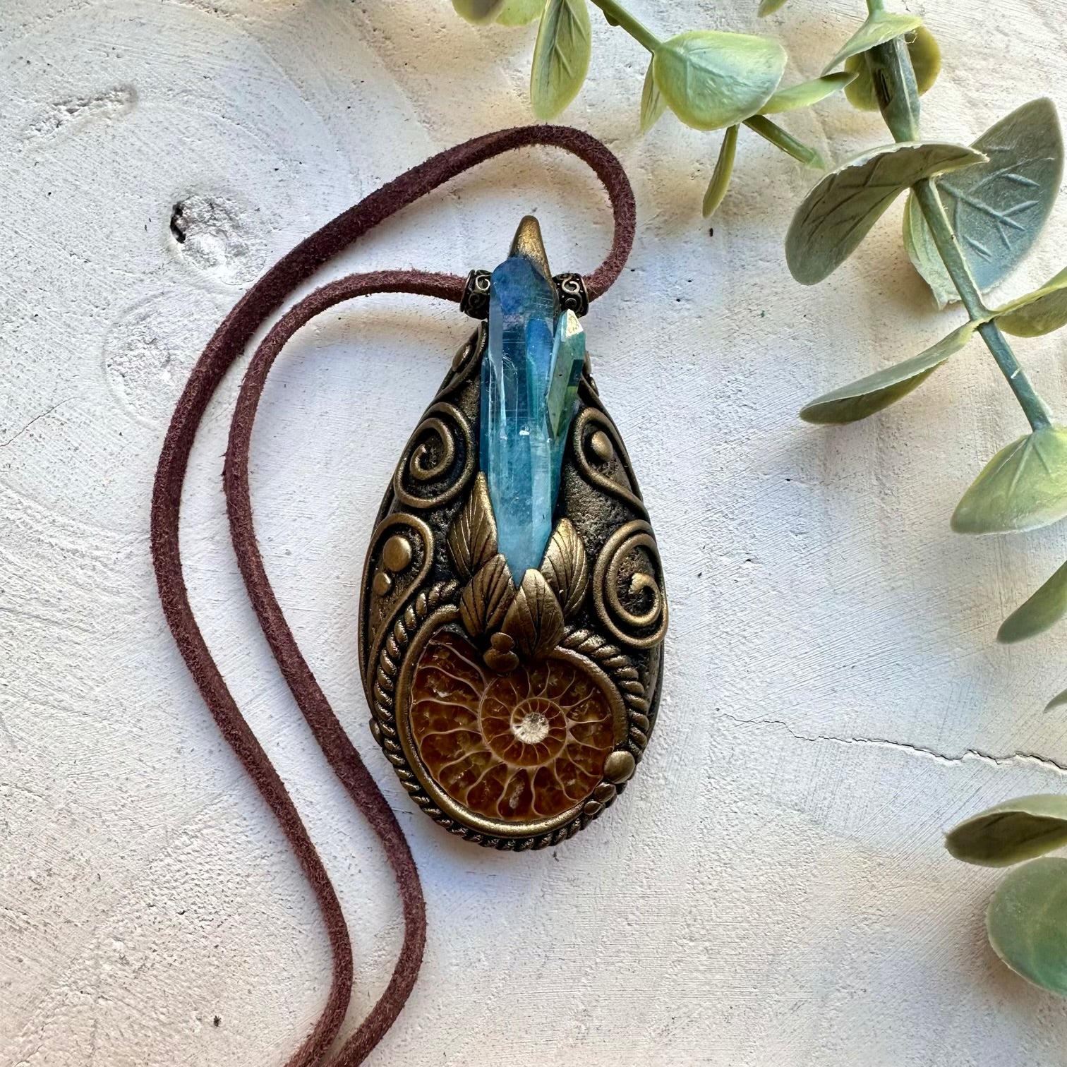 Ammonite and Aqua Aura Quartz Protection Unisex Necklace