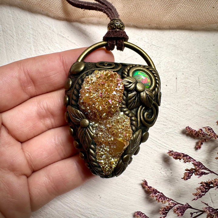 Sunset Aura Spirit Quartz and Ethiopian Opal Necklace - FairyGardenGlow