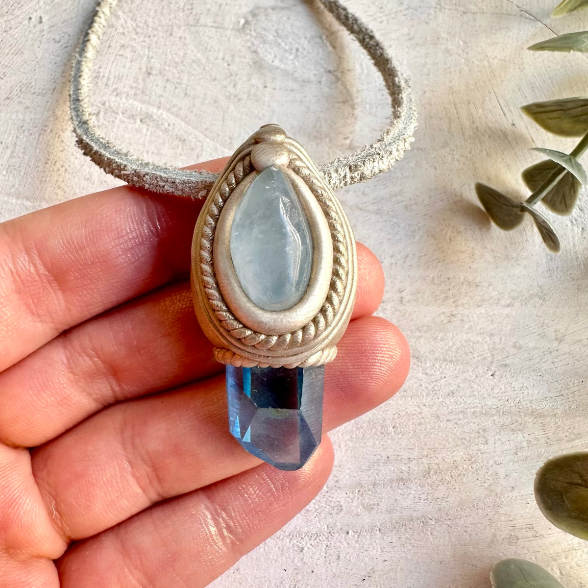 Aqua Aura Quartz and Celestite Pendant Necklace