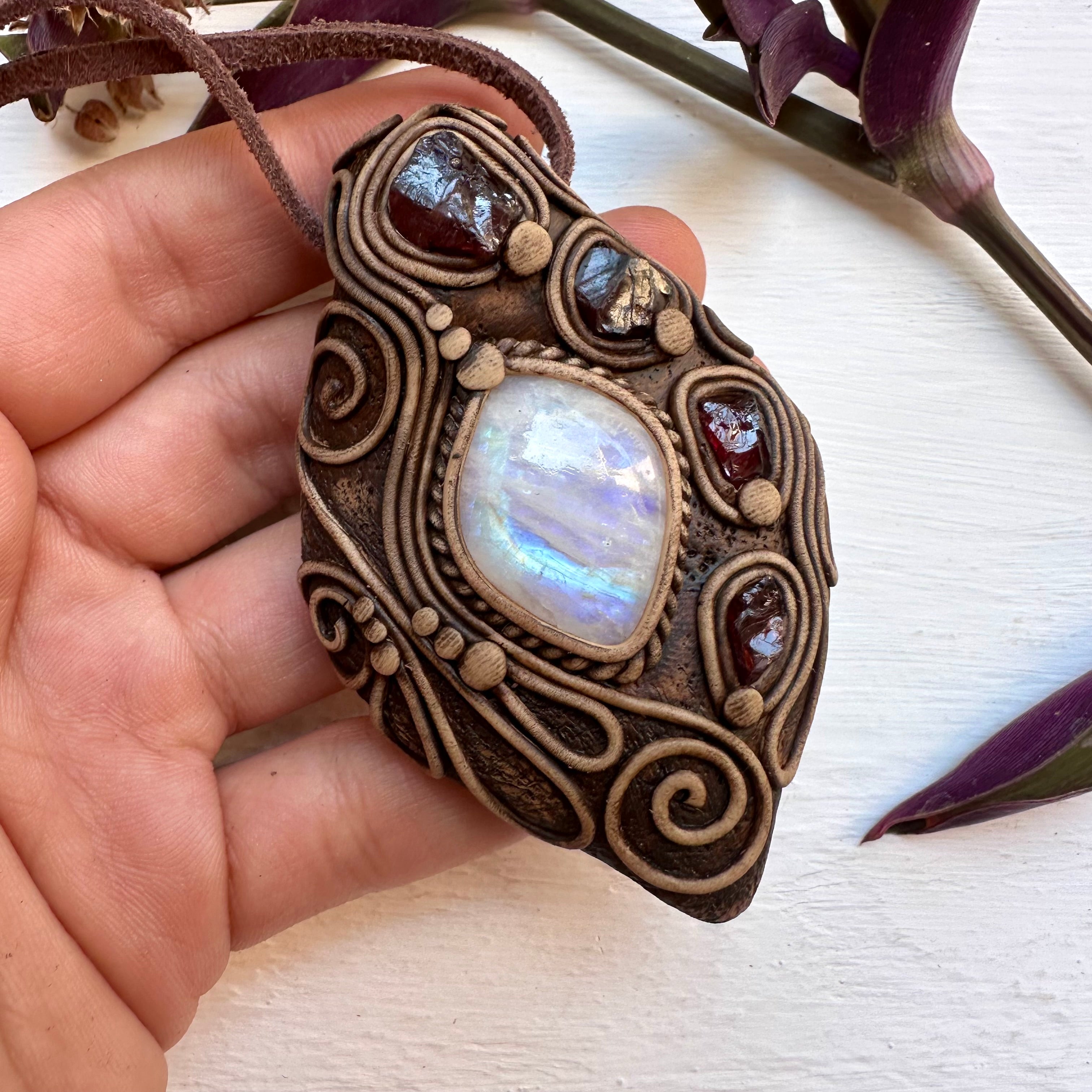 Rainbow Moonstone and Red Garnet Necklace - FairyGardenGlow