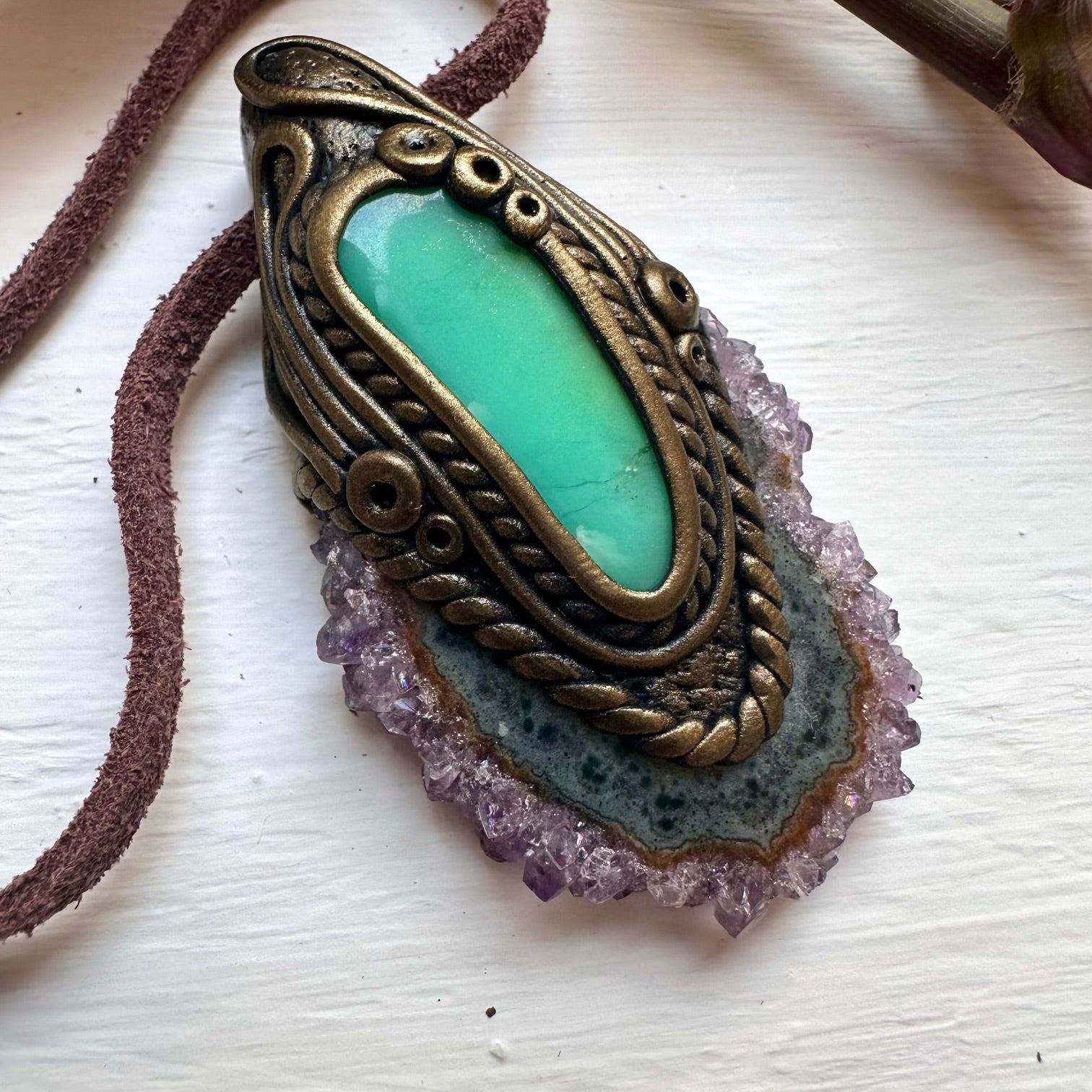 Amethyst Stalactite and Chrysoprase Pendant Necklace - FairyGardenGlow