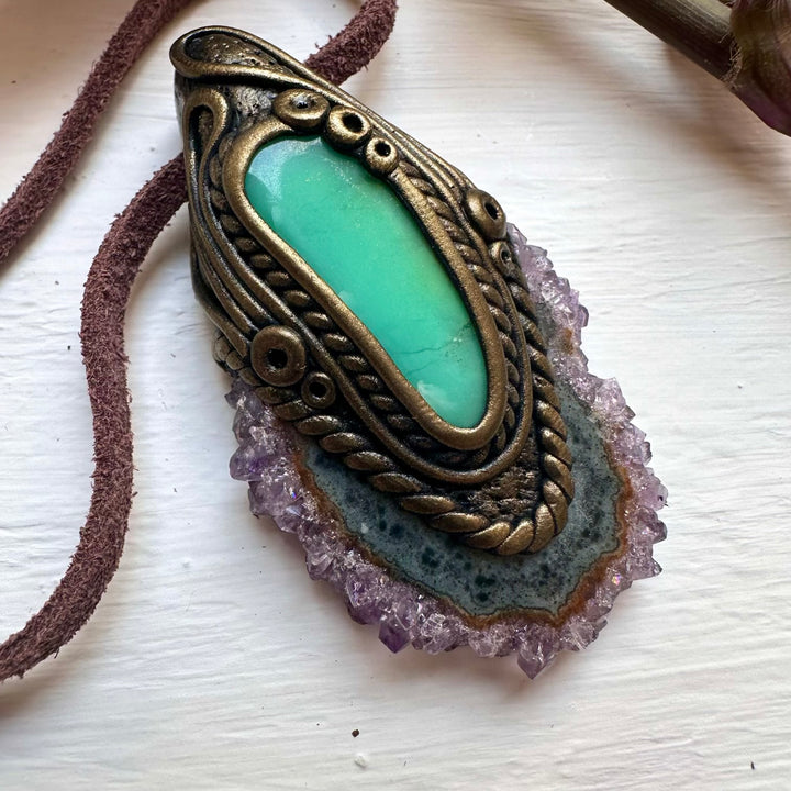 Amethyst Stalactite and Chrysoprase Pendant Necklace - FairyGardenGlow