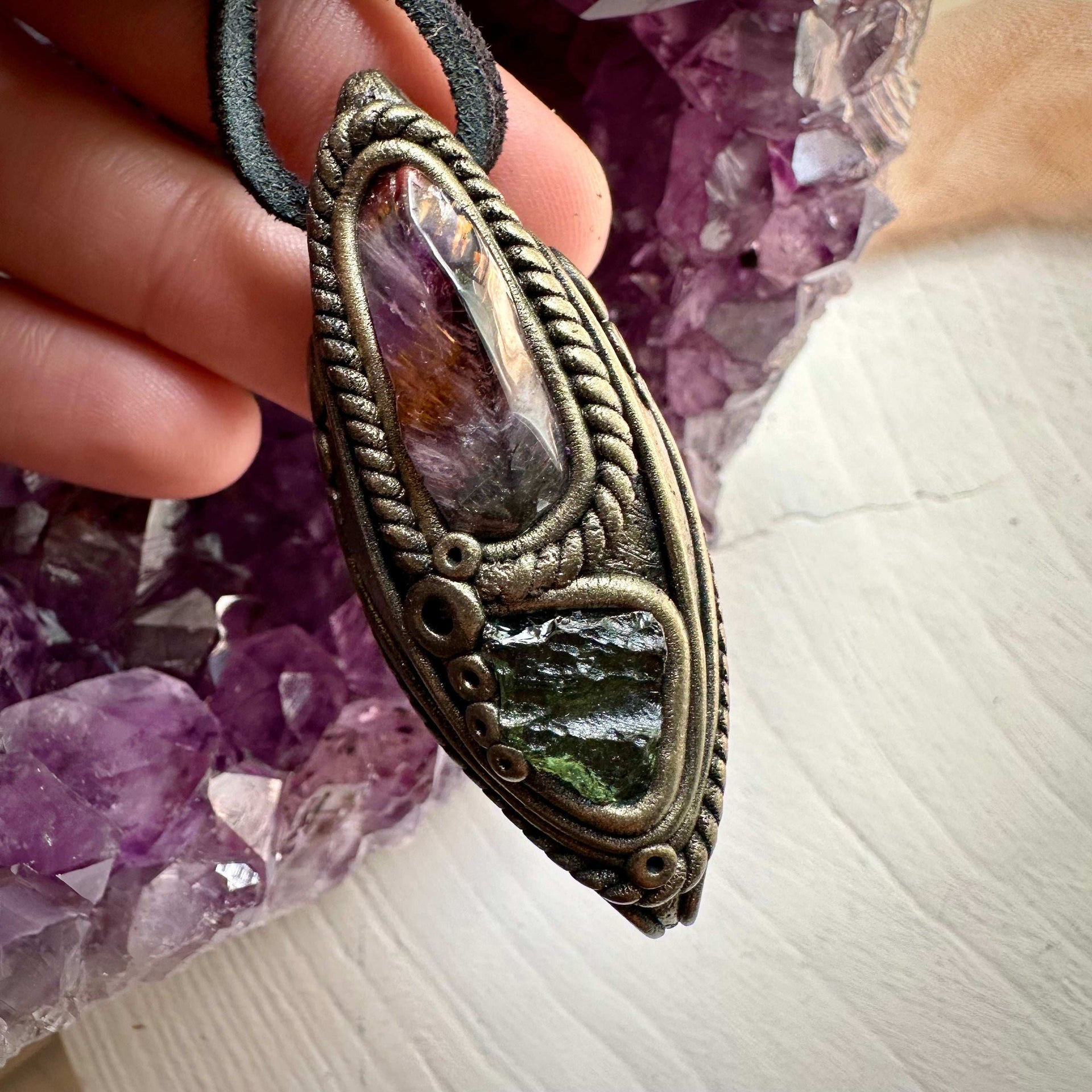 Super Seven Quartz and Moldavite Necklace - FairyGardenGlow