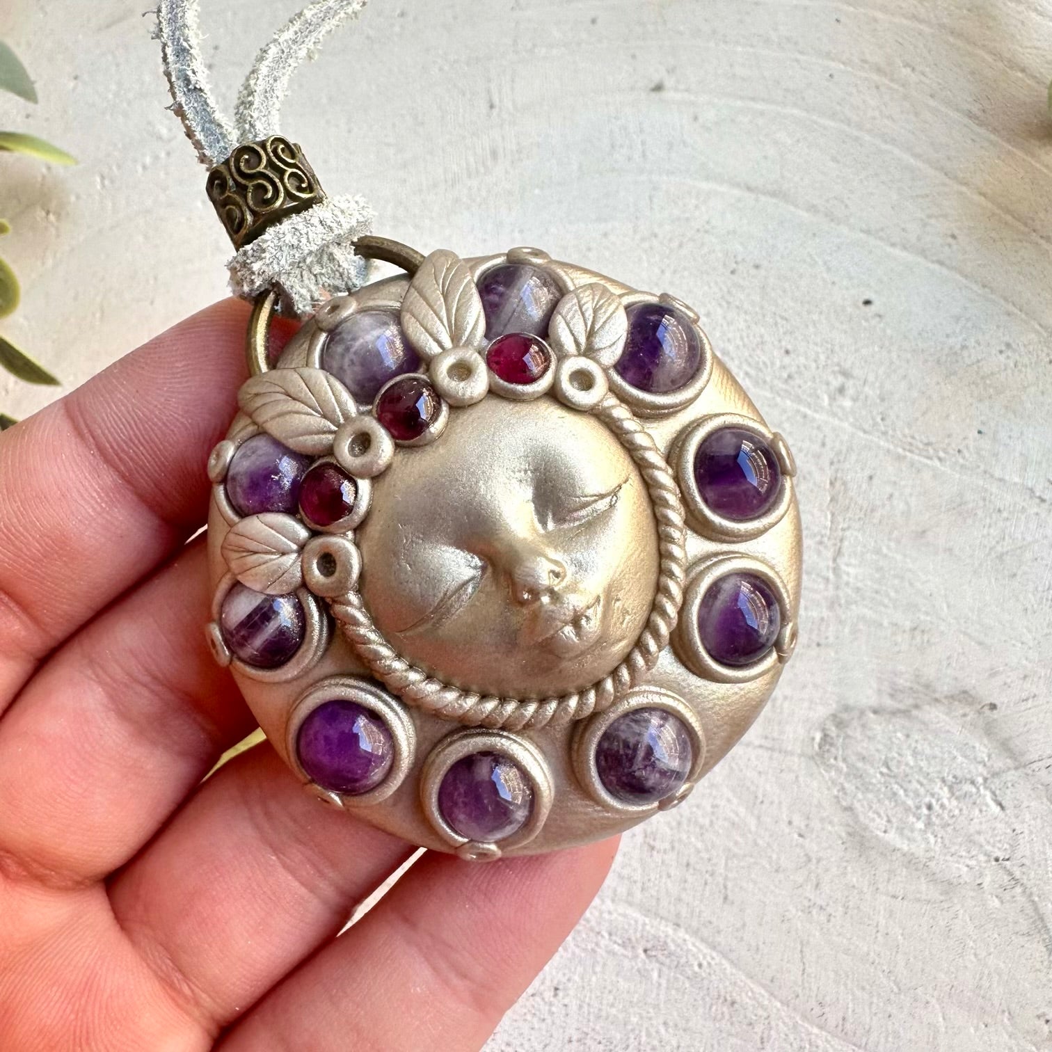 Handmade gemstone necklace amethyst rhodolite garnet spiritual jewelry