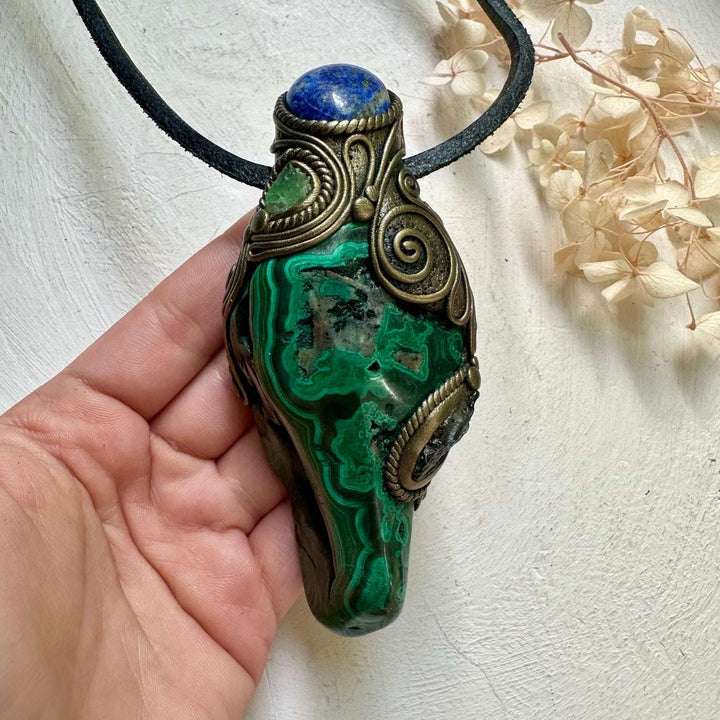 Malachite with Lapis Lazuli Moldavite and Tsavorite Wand / Pendant - FairyGardenGlow