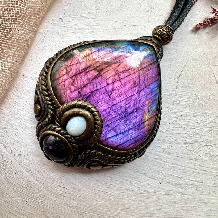 Labradorite Australian Opal and Amethyst Necklace - FairyGardenGlow
