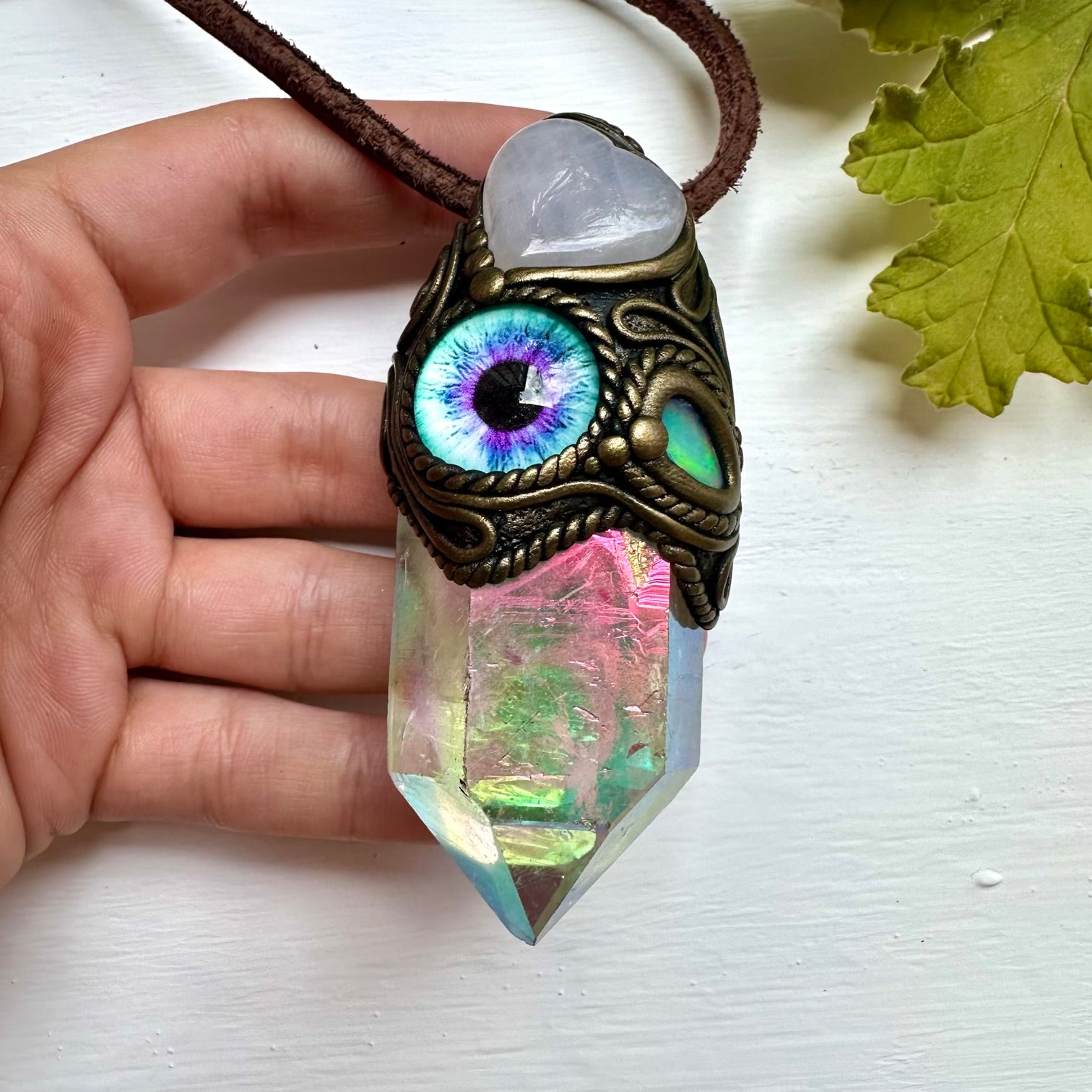 Angel Aura Quartz Rose Quartz Heart Raw Opal and Eye Wand / Necklace - FairyGardenGlow