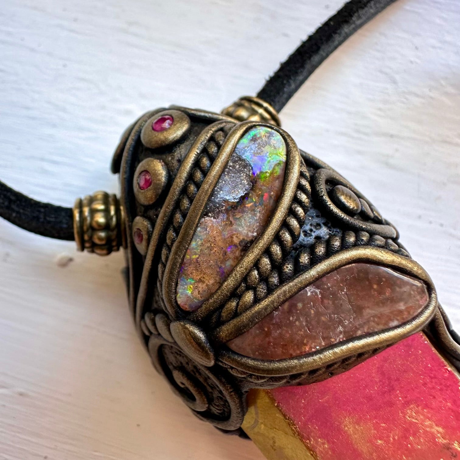 Sunset Aura Quartz Sunstone Boulder Opal and Ruby Wand / Necklace - FairyGardenGlow