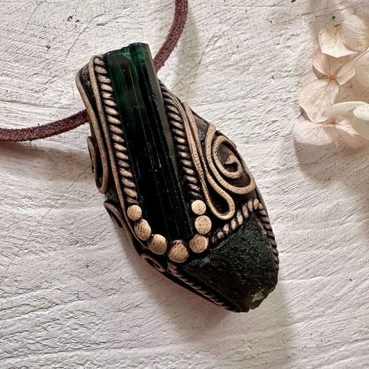Green Tourmaline and Moldavite Pendant Necklace - FairyGardenGlow