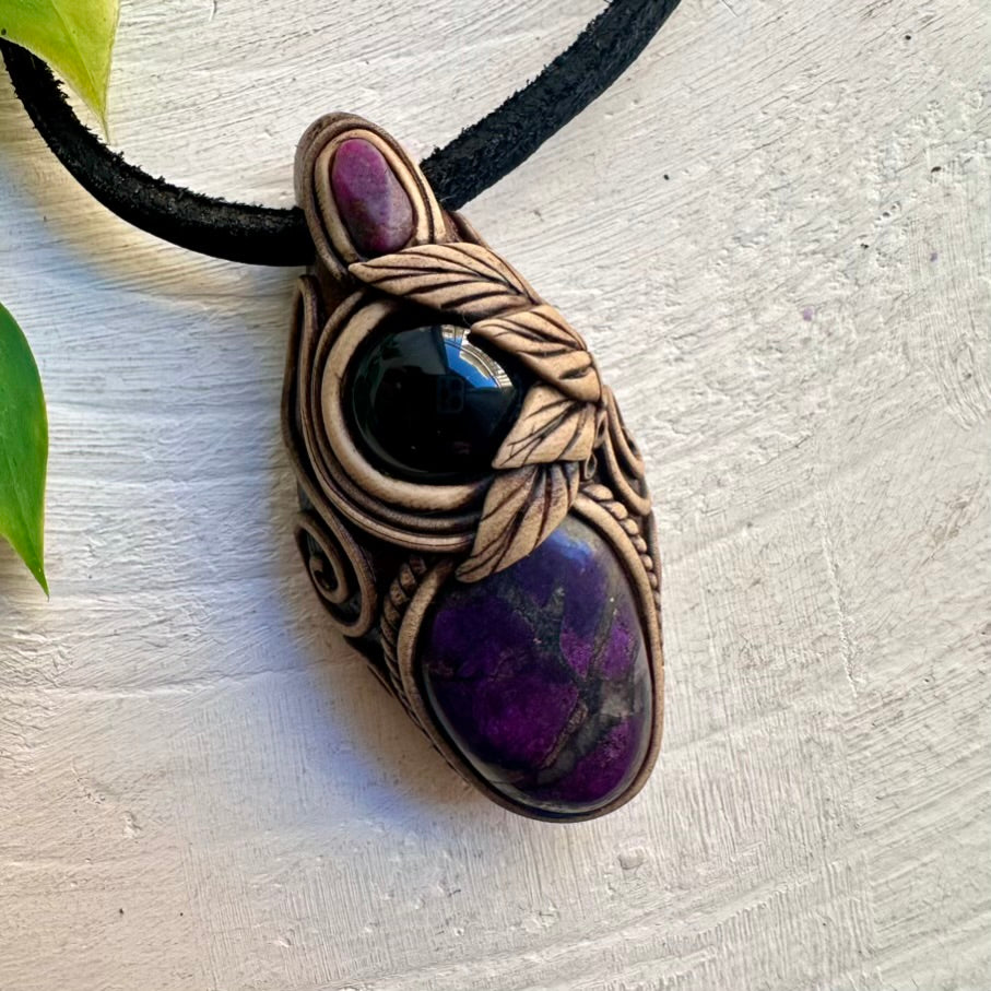 Purpurite Black Onyx and Ruby Necklace, Handmade Crystal Pendant
