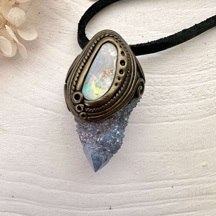 Aqua Aura Spirit Quartz and Coober Pedy Australian Opal Necklace - FairyGardenGlow