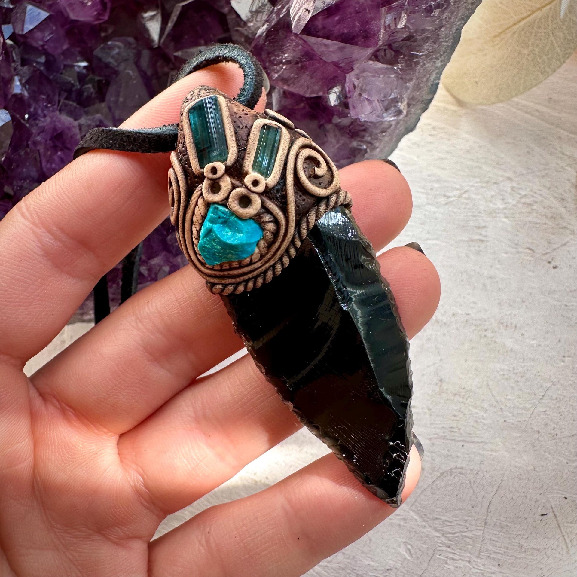 Black Obsidian Arrowhead Raw Chrysocolla and Blue Tourmaline Necklace - FairyGardenGlow